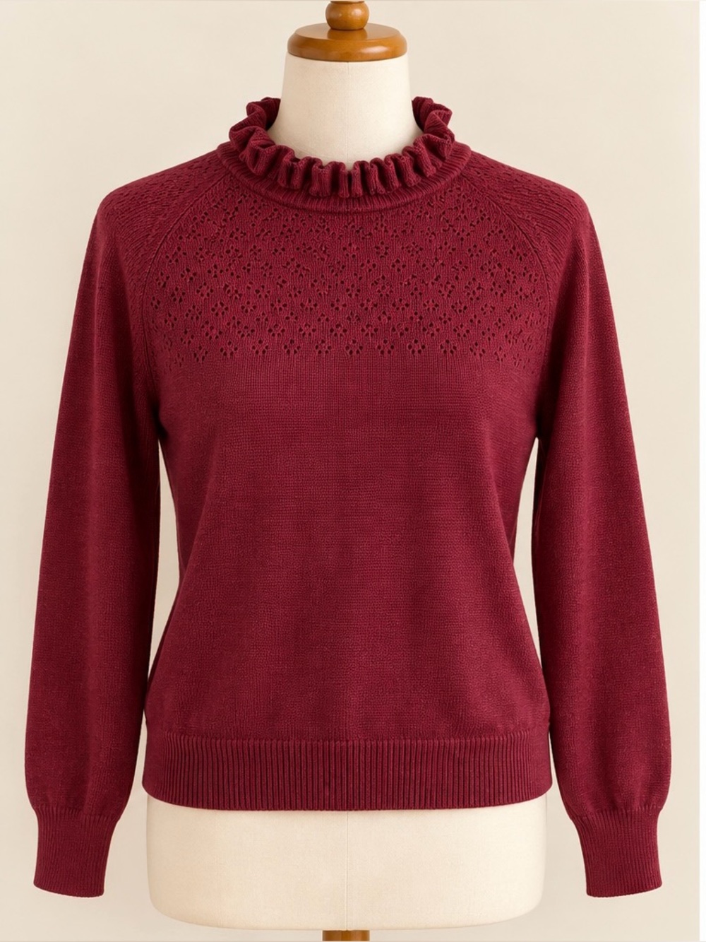 Chelsea & Theodore Burgundy Ruffle Neck Sweater S Petite Pointelle Knit